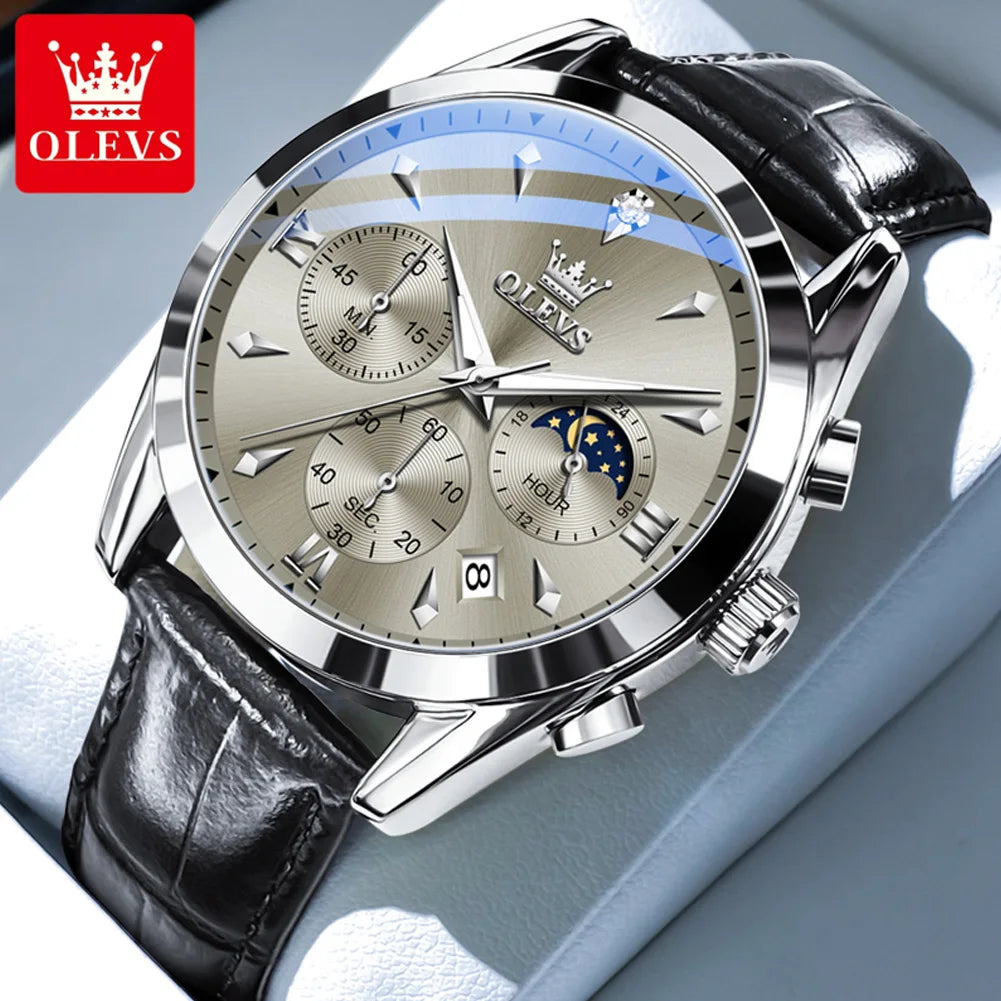 OLEVS 3609 Watch For Men Fashion Calendar Waterproof Luminous Male Hand Clock Chronograph Moon Phase Quartz Business Man Watches