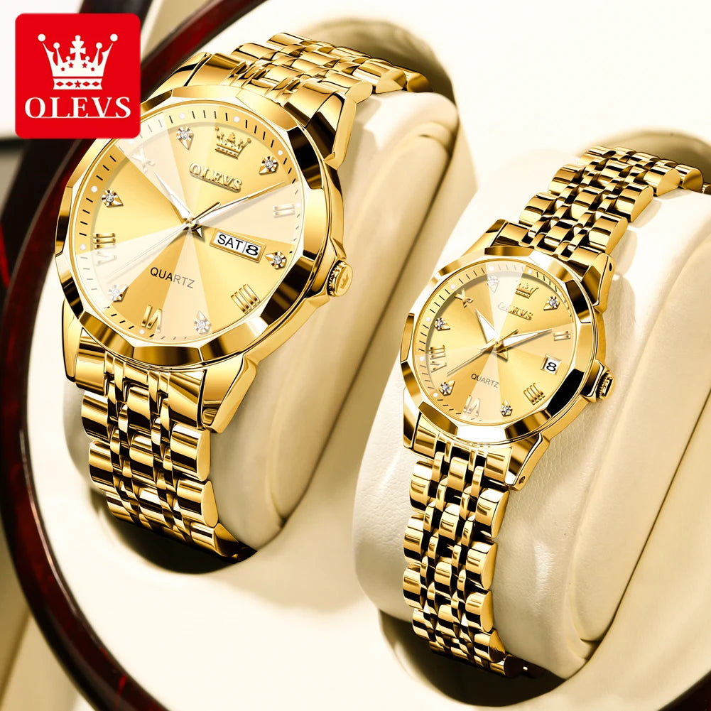 OLEVS 9931 Uhr für Herren und Damen Römische Skala Quarz-Paaruhr Rhombus-Spiegel Automatisches Datum Armbanduhr Luxus Wasserdichte Handuhr