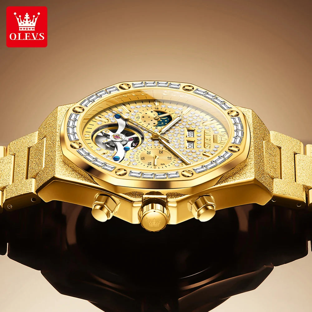 OLEVS 9805 Herrenuhr Luxus Klassische Hohl Skelett Diamant Wasserdichte Herren Handuhr Mondphase Datum Mechanische Uhr Für Männer