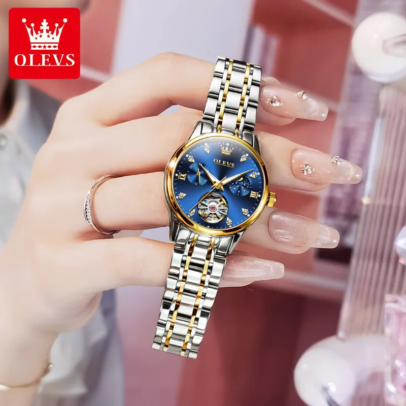 OLEVS Automatic Mechanical Watches For Women Waterproof Luminous Moon Phase Hand Clock Original Luxury Women's Watches 6608