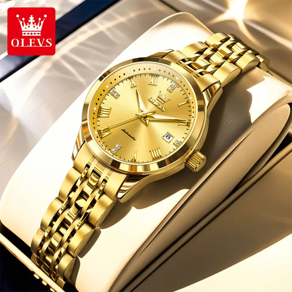 OLEVS 7062 Damenuhr Luxuriöse leuchtende wasserdichte Edelstahluhr mit automatischem Datum Mechanische Uhr für Damen mit römischen Ziffern