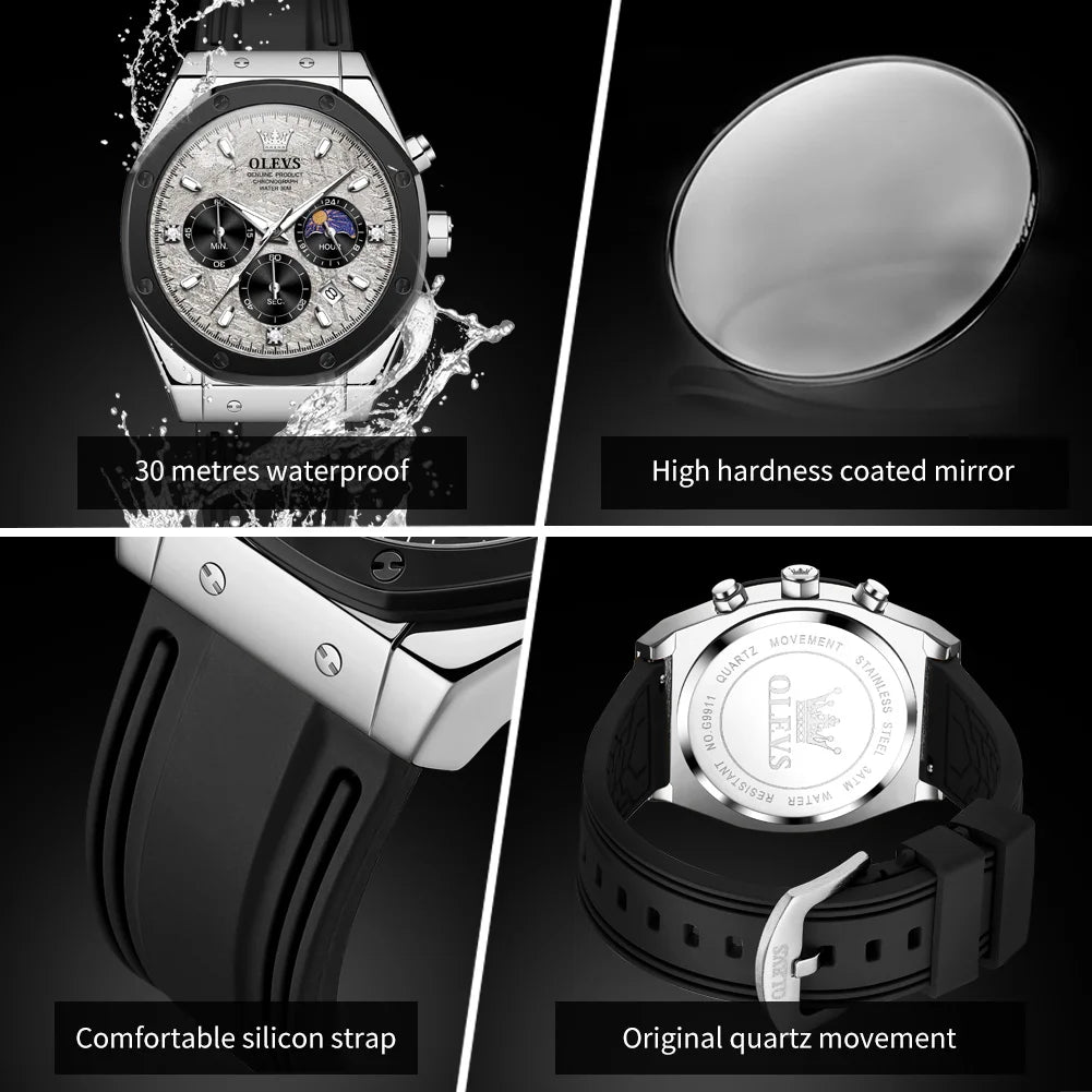 OLEVS 9911 Erkek Kuvars Saat Büyük Kadran Kronograf Saat Erkekler İçin Moonswatch Tarih Moda Su Geçirmez Erkek Kol Saati Silikon Kayış