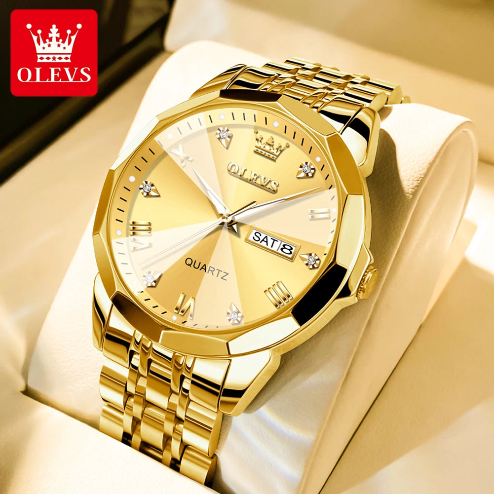 OLEVS 9931 Quarzuhr für Herren, Rauten-Spiegel, wasserdicht, leuchtend, Edelstahl-Armbanduhren, Doppelkalender, Herren-Armbanduhr