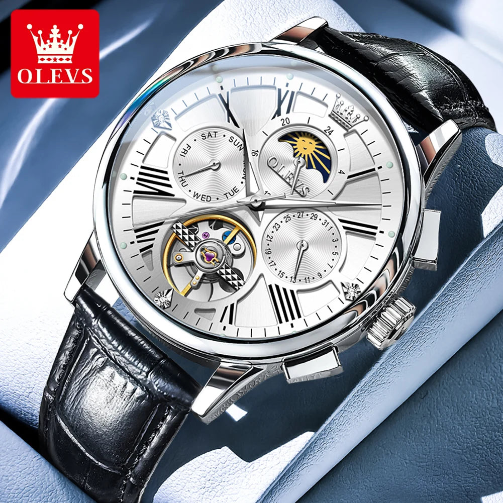 OLEVS Luxus-Herrenuhren Original Fashion Skeleton Automatische mechanische Uhren Wasserdichte Mondphasenuhren für Männer 9912