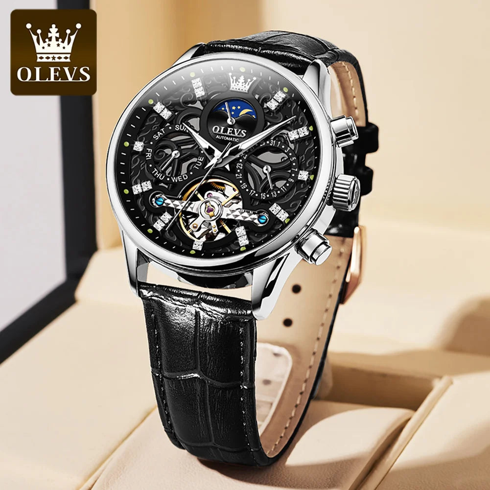 OLEVS 6658 Luxus Skelett-Schwungrad Automatische Mechanische Uhr Moonswatch Wasserdichte Armbanduhr Für Herren Geschenkbox Handuhr