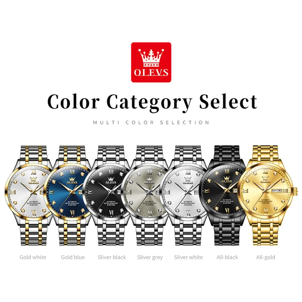 OLEVS Uhren Luxus Herren Business Diamantskala Automatik Mechanische Uhr Doppelkalender Wasserdicht Herren Armbanduhr 9946