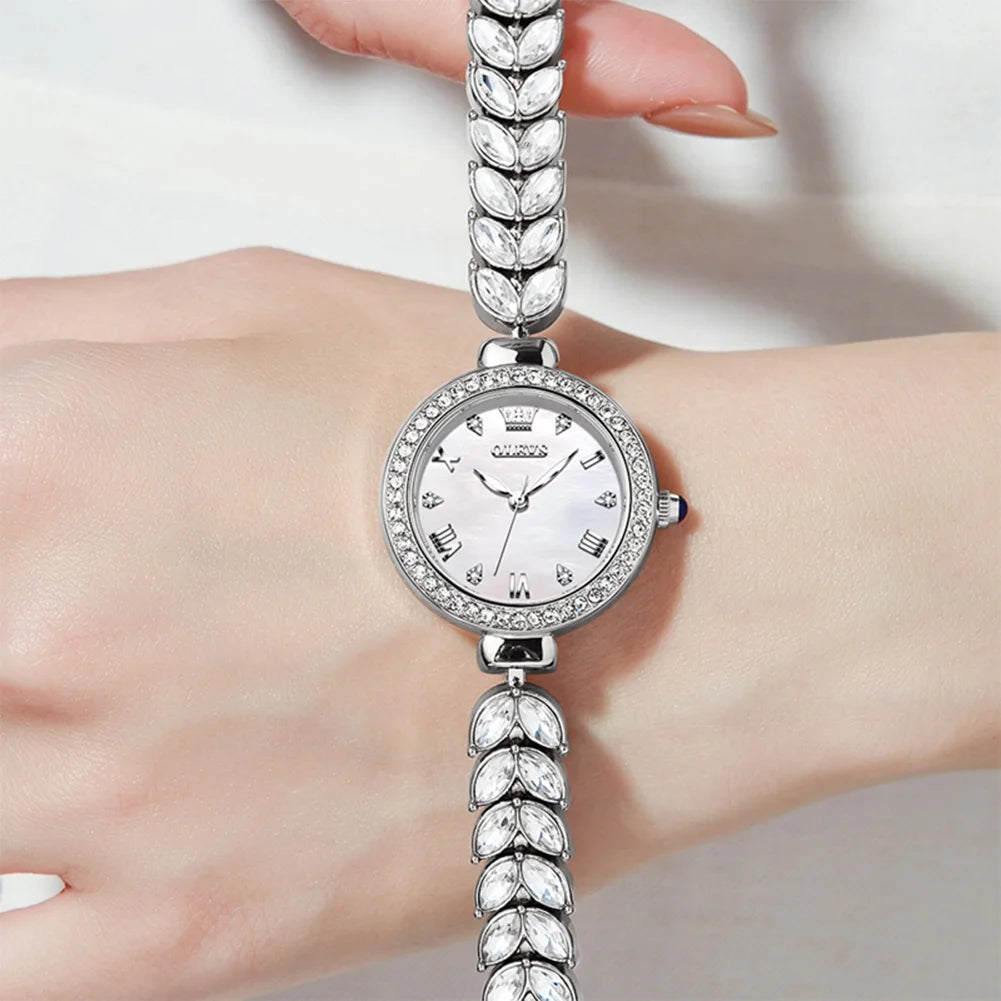 OLEVS 9971 Quarzuhr für Damen, römisches Zifferblatt, elegante Damenuhr, modisch, wasserdicht, leuchtend, originelle Luxus-Armbanduhr