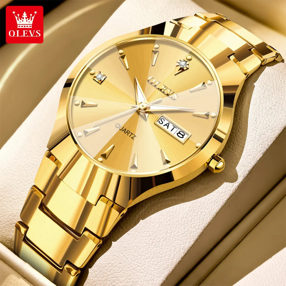 OLEVS 8697 Herrenuhr Top Marke Luxus Dual-Kalender Quarzuhr für Herren Rhombus-Spiegel Wolframstahlarmband Herren-Armbanduhr