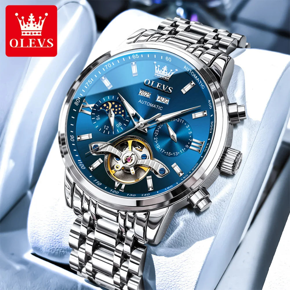 OLEVS Original Mondphasen-Uhren für Herren Schwungrad Automatische Mechanische Armbanduhr Wasserdicht Leuchtende Herrenuhren Geschenke 6740