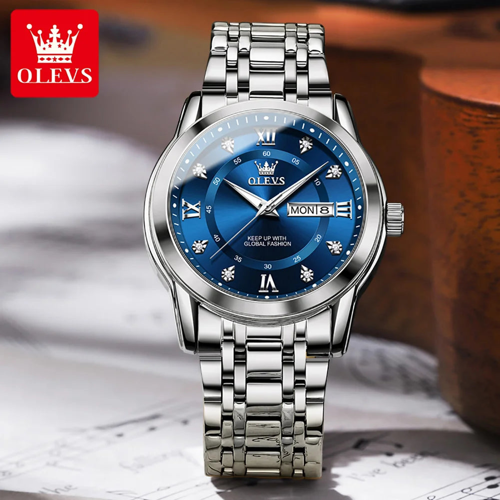 OLEVS 5513 Armbanduhr Herren Dual-Kalender Mode Quarzuhr Für Männer Diamant-Skala Edelstahl Luxus Herren Armbanduhr Wasserdicht