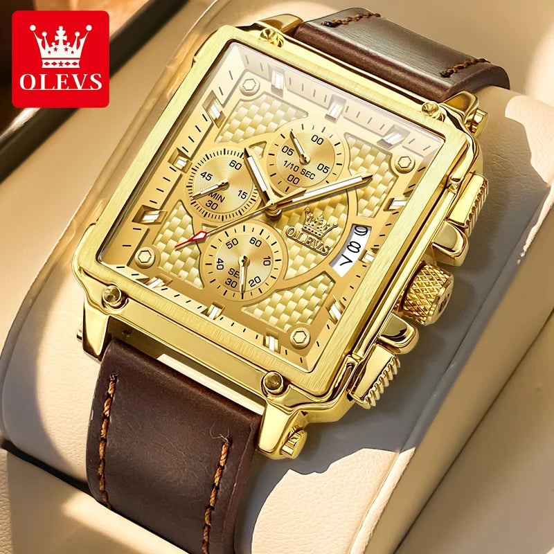 OLEVS Uhr Lässige Mode Quadratische Quarzuhr für Herren Wasserdichte Leuchtende Lederarmband Datumsanzeige Herrenuhr Topseller 9925