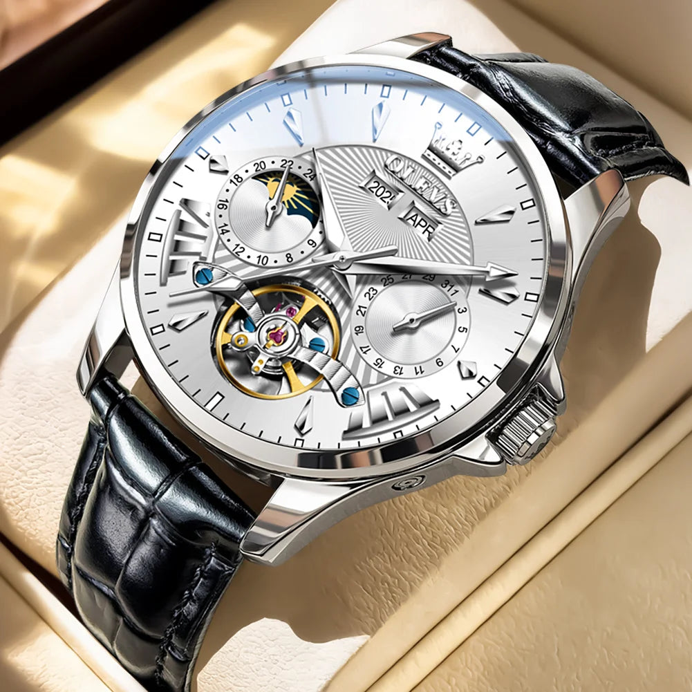 OLEVS 7103 Men's Watch Flywheel Automatic Mechanical Wristwatch Waterproof Perpetual Calendar Moon Phase Watches For Men Classic