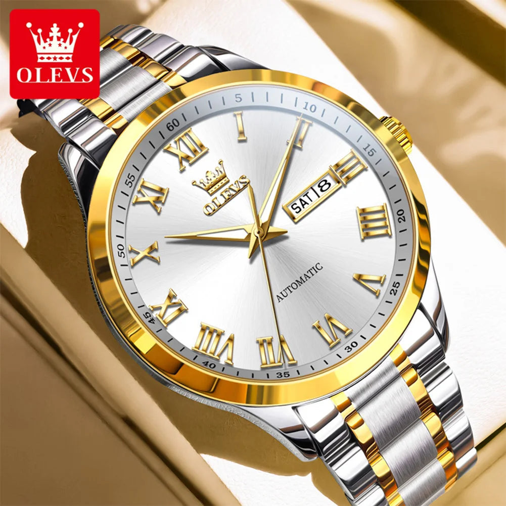 OLEVS 7075 Uhren für Herren Luxus Original Mechanische Uhr für Herren Wochenkalender Wasserdicht Automatische Armbanduhr Edelstahlarmband