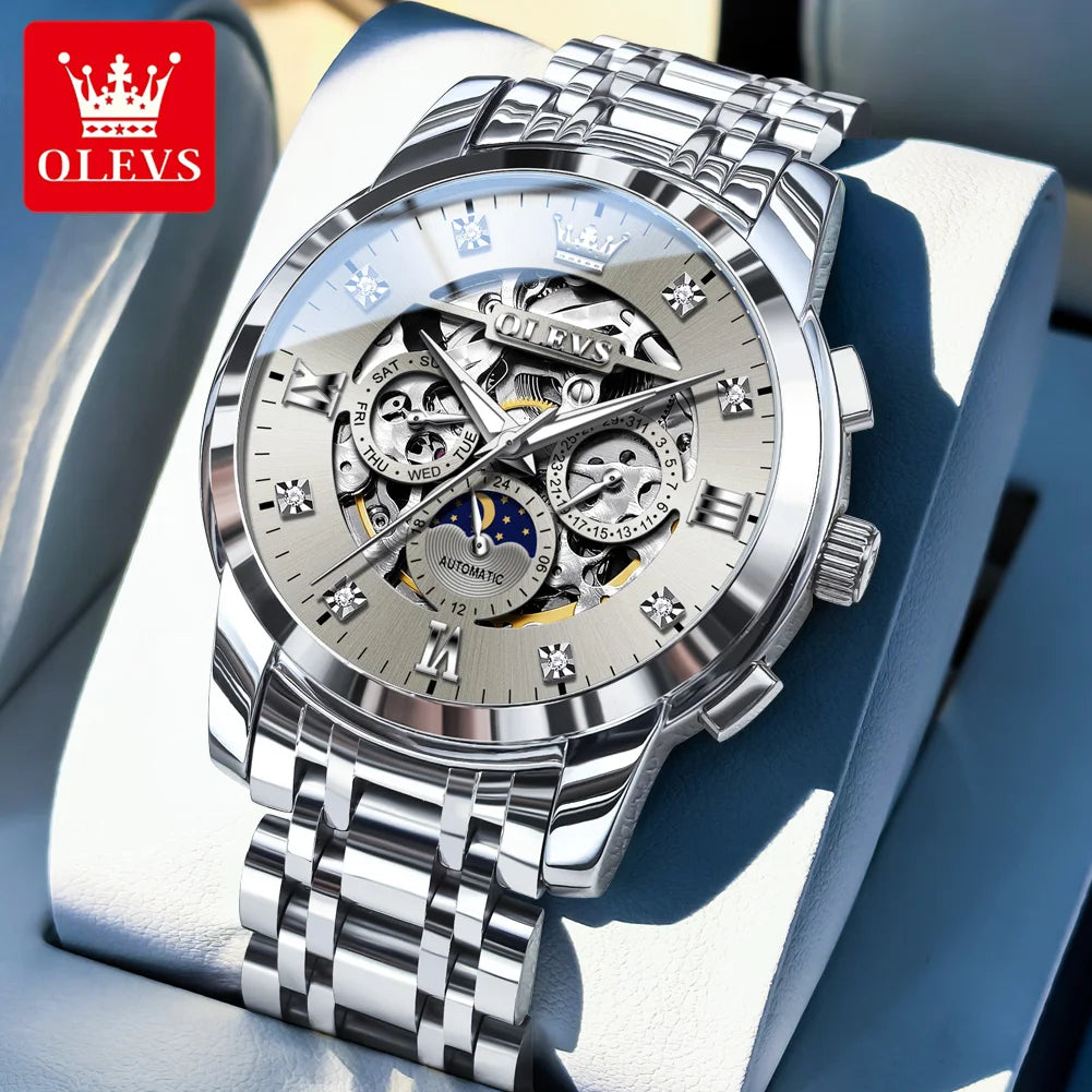 OLEVS 6721 Herrenuhr Mondphase Original Mechanische Herrenuhr Hohl Skeleton Automatisches Datum Wasserdichtes Diamant-Zifferblatt Zeigeruhr