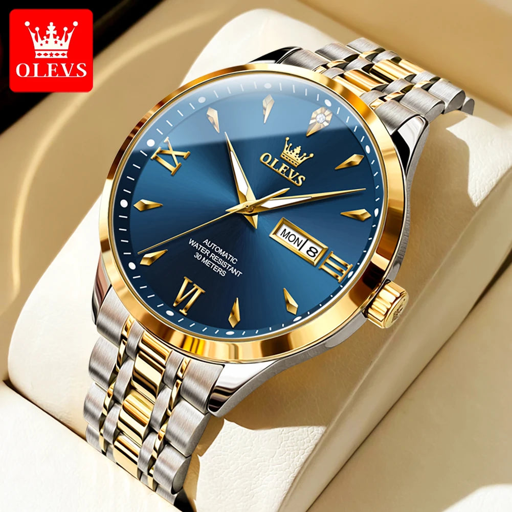 OLEVS Uhr für Herren Mechanische Uhr Großes Zifferblatt Wasserdichte Herren Luxus Original Wochenkalender Geschäftsmann Handuhr 9956 Reloj