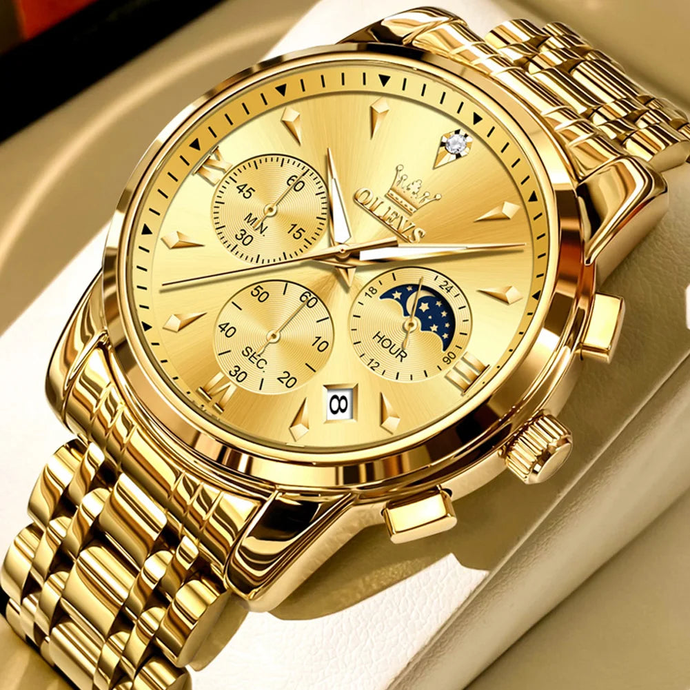 OLEVS 3639 Luxury Men's Watch Top Brand Moon Phase Chronograph Quartz Watches For Man Auto Date Fashion Waterproof Man Clock