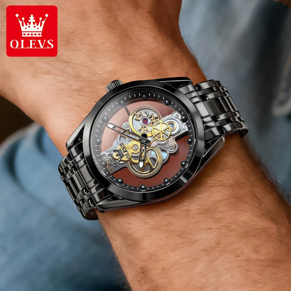 OLEVS 3725 Luxus Herrenuhren 40mm großes Zifferblatt Mode Business Skelett Quarz Uhr für Herren Wasserdicht Leuchtende Herrenuhr