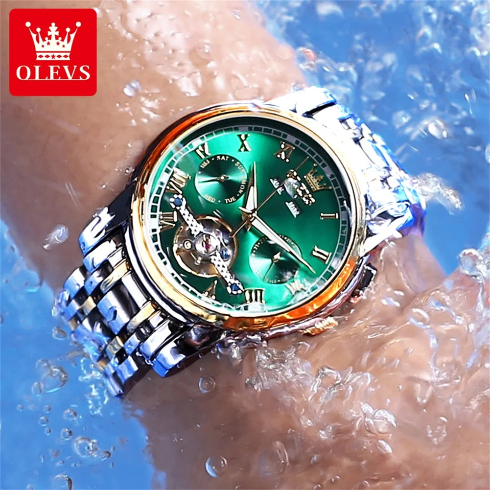 OLEVS Uhren für Herren Luxus-Edelstahl-Schwungrad-Automatik-Uhr Handuhr Woche Datum Wasserdicht Leuchtende Herrenuhr 6607