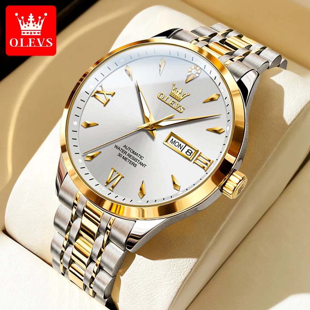 OLEVS Uhr für Herren Mechanische Uhr Großes Zifferblatt Wasserdichte Herren Luxus Original Wochenkalender Geschäftsmann Handuhr 9956 Reloj