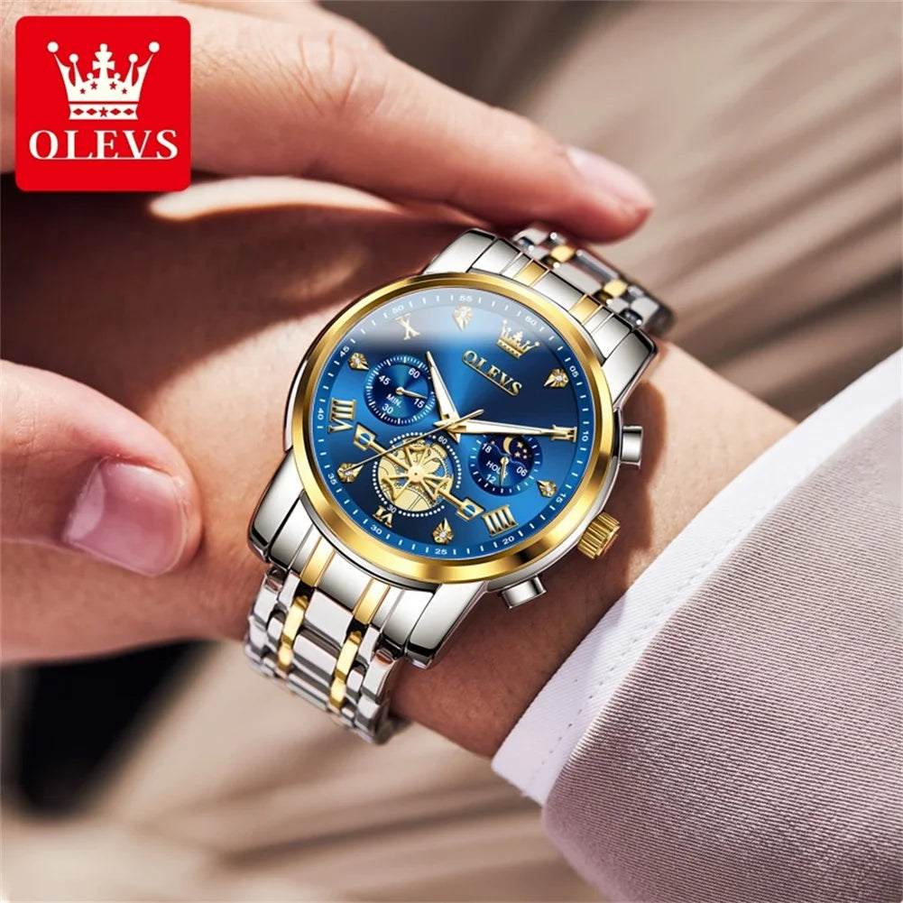 OLEVS 42mm Herrenuhr mit großem Zifferblatt, Mondphase, 24-Stunden-Anzeige, wasserdichte Quarz-Herrenarmbanduhr, Original Luxus Armbanduhr 2856