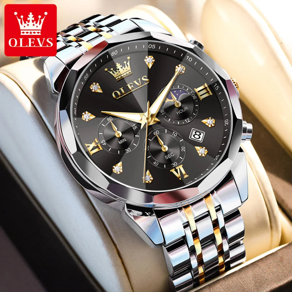 OLEVS 3670 Men's Watch Fashion Date Moon Phase Luminous Quartz Watch For Men Luxury Chronograph Waterproof Business Hand Clock