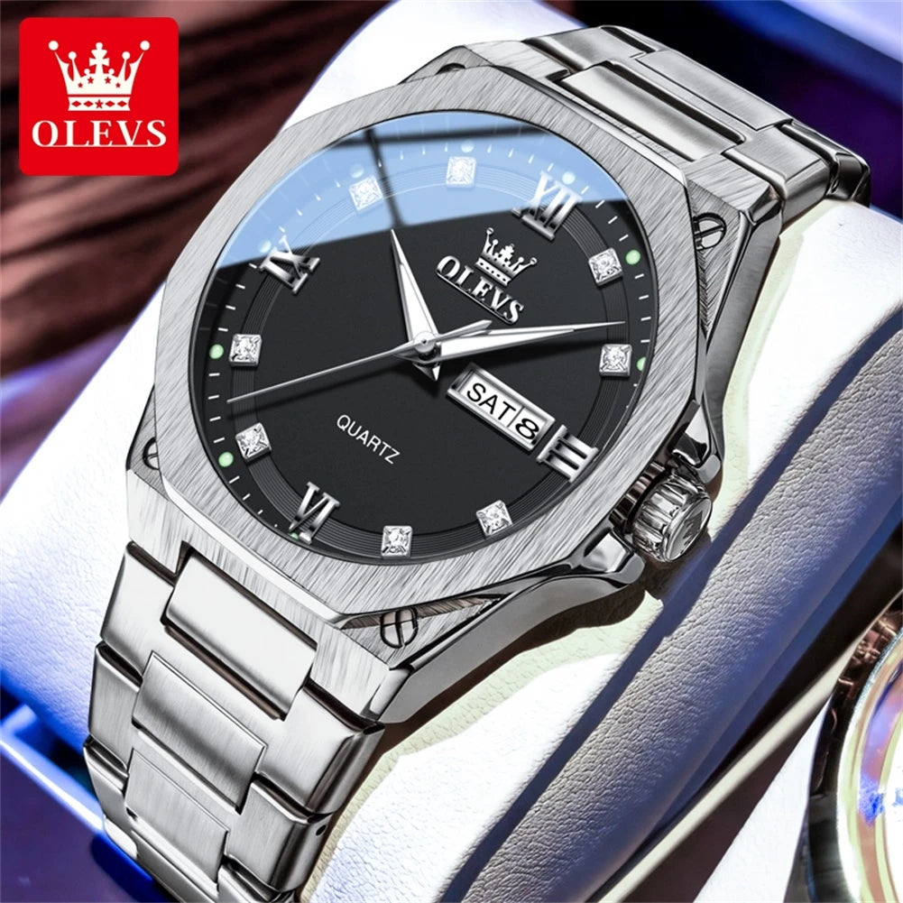 OLEVS 3736 Herrenuhren Wochentag Datum Quarzuhr Wasserdicht Leuchtend Römische Ziffern Edelstahl Luxusuhr Für Herren Reloj