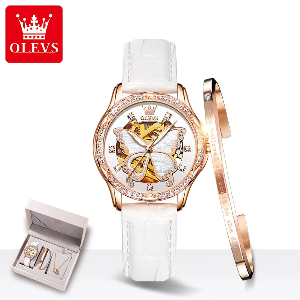 OLEVS 6622 Uhr für Damen, Schmetterlingszifferblatt, Luxus-Mechanik-Damenuhr, wasserdicht, leuchtend, Diamant, Damen, Automatik-Handuhr