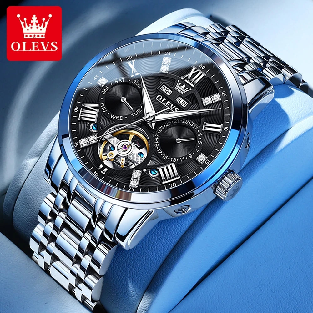 OLEVS 6701 Herrenuhren Top Marke Original Automatische Datumsanzeige Mechanische Uhr für Herren Hohl Wasserdicht Edelstahl Männliche Armbanduhr