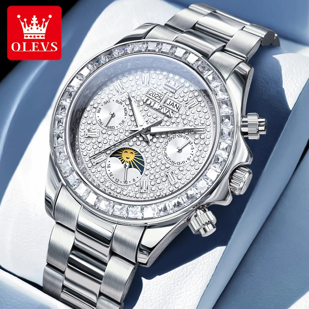 OLEVS 7038 Luxuriöse Diamant-Automatik-Herrenuhr mit Mondphase, Datumsanzeige, 30 m wasserdicht, Edelstahl-Herrenarmbanduhr