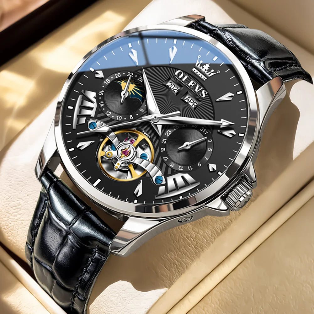 OLEVS 7103 Herrenuhr Schwungrad Automatische Mechanische Armbanduhr Wasserdicht Ewiger Kalender Mondphase Uhren für Herren Klassisch