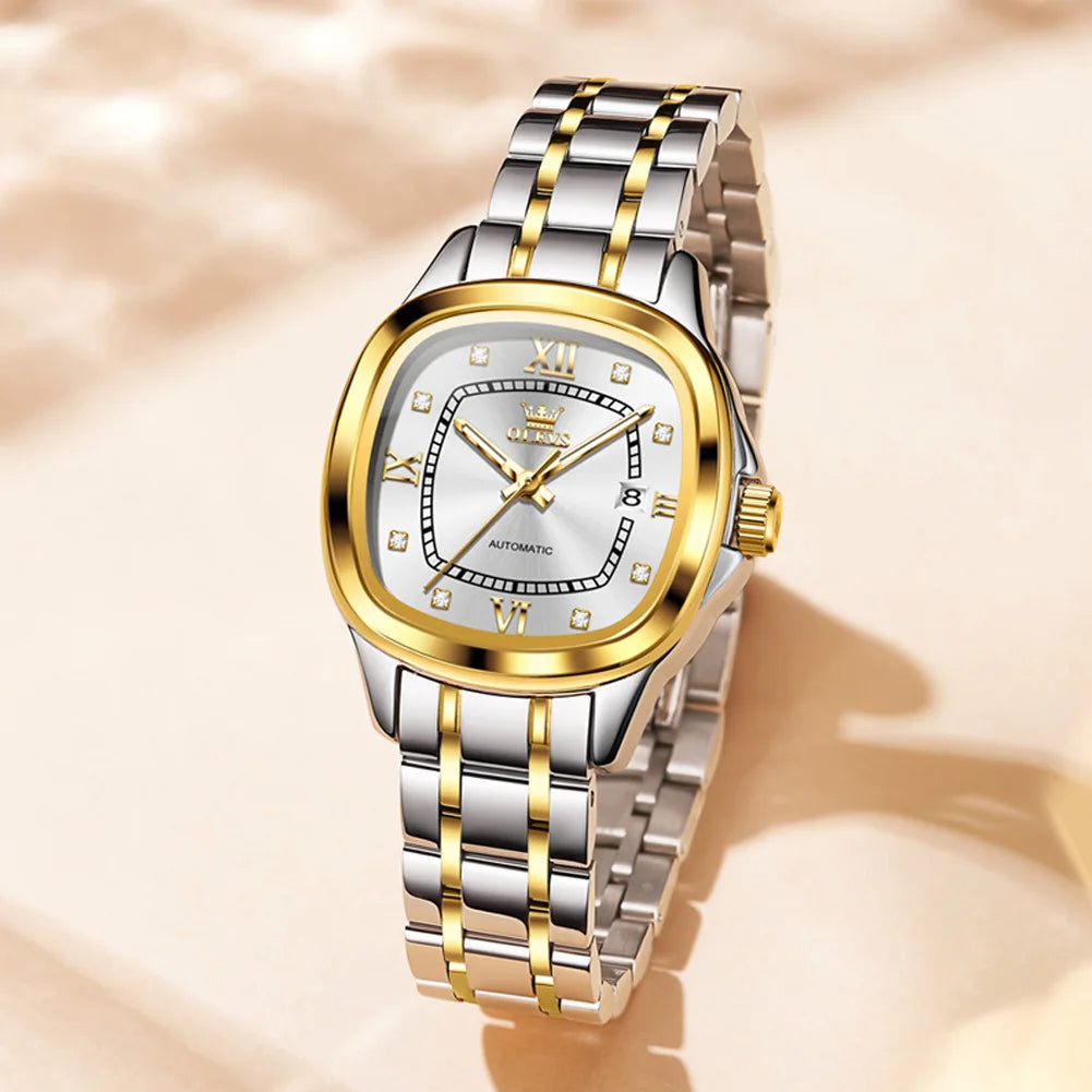OLEVS 9810 Damen Armbanduhr Top Marke Business Datum Mechanische Uhr für Frauen Diamant Skala Luxus Original Wasserdicht Handuhr