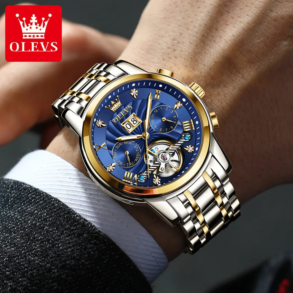 OLEVS 9910 Automatikuhr für Herren, mechanische Herrenarmbanduhr, luxuriöse Skelettuhr aus Edelstahl, wasserdicht, Original Herrenuhr