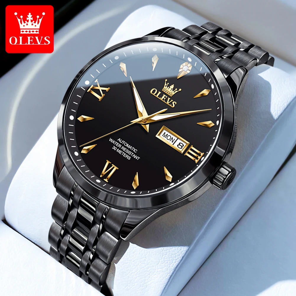 OLEVS Uhr für Herren Mechanische Uhr Großes Zifferblatt Wasserdichte Herren Luxus Original Wochenkalender Geschäftsmann Handuhr 9956 Reloj