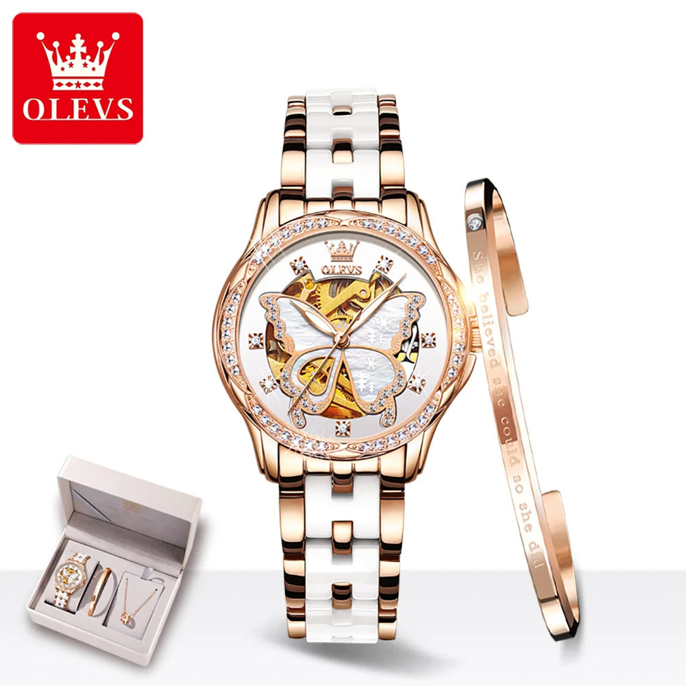 OLEVS 6622 Uhr für Damen, Schmetterlingszifferblatt, Luxus-Mechanik-Damenuhr, wasserdicht, leuchtend, Diamant, Damen, Automatik-Handuhr