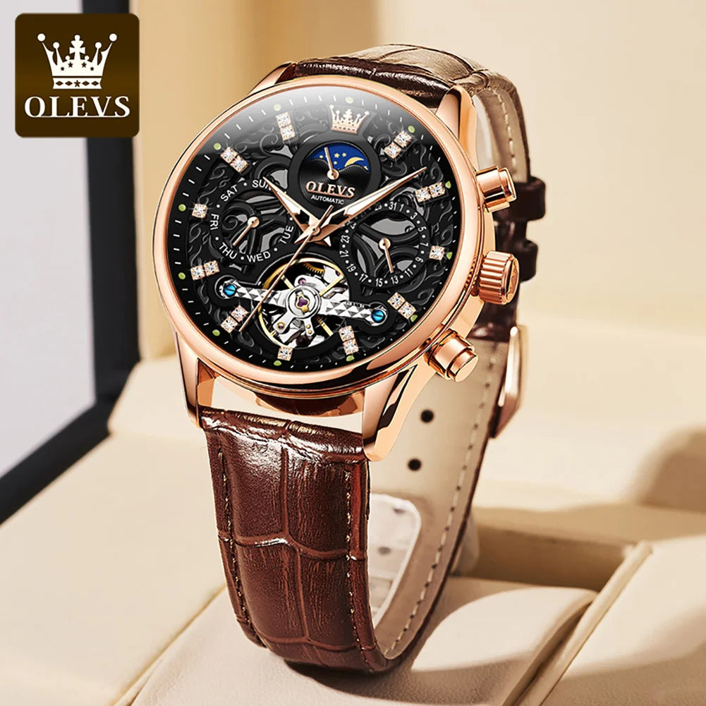 OLEVS 6658 Luxus Skelett-Schwungrad Automatische Mechanische Uhr Moonswatch Wasserdichte Armbanduhr Für Herren Geschenkbox Handuhr