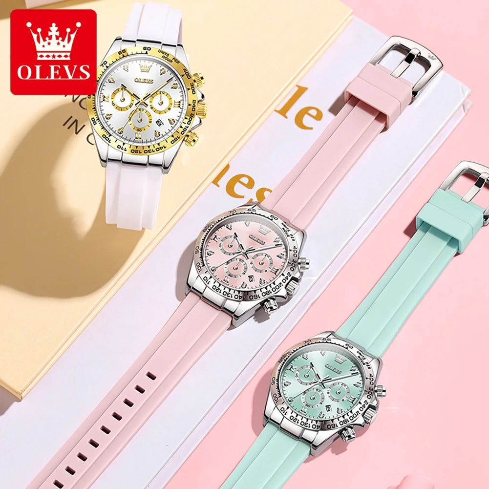 OLEVS 5618 Damenarmbanduhren Mode Kalender Quarzuhr für Damen Luxus Chronograph Wasserdichtes Silikonarmband Damenuhr