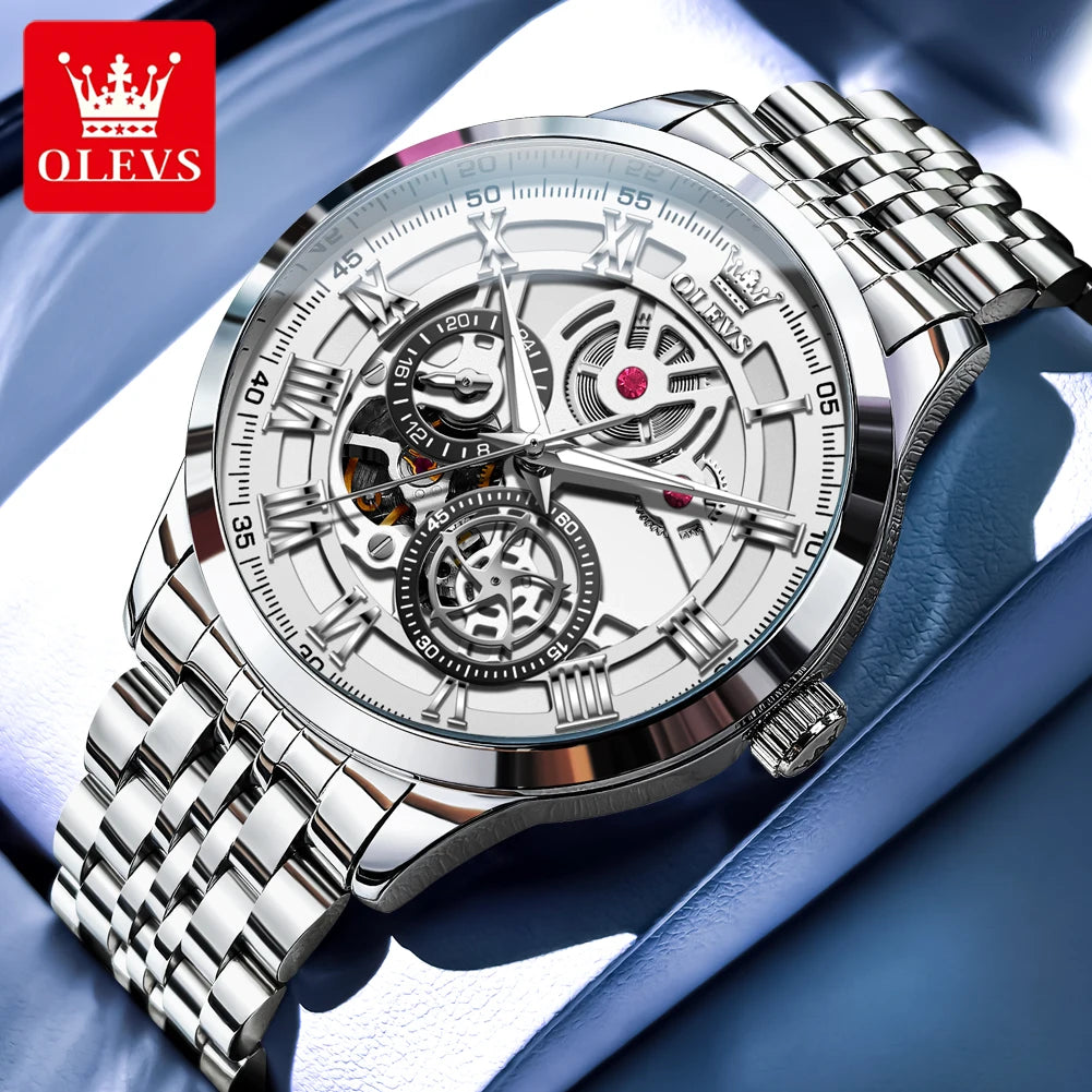 OLEVS 7076 Herren Automatikuhr Mode Hohl Mechanische Uhr Für Herren Wasserdicht Edelstahlarmband Römische Ziffern Skala Handuhr
