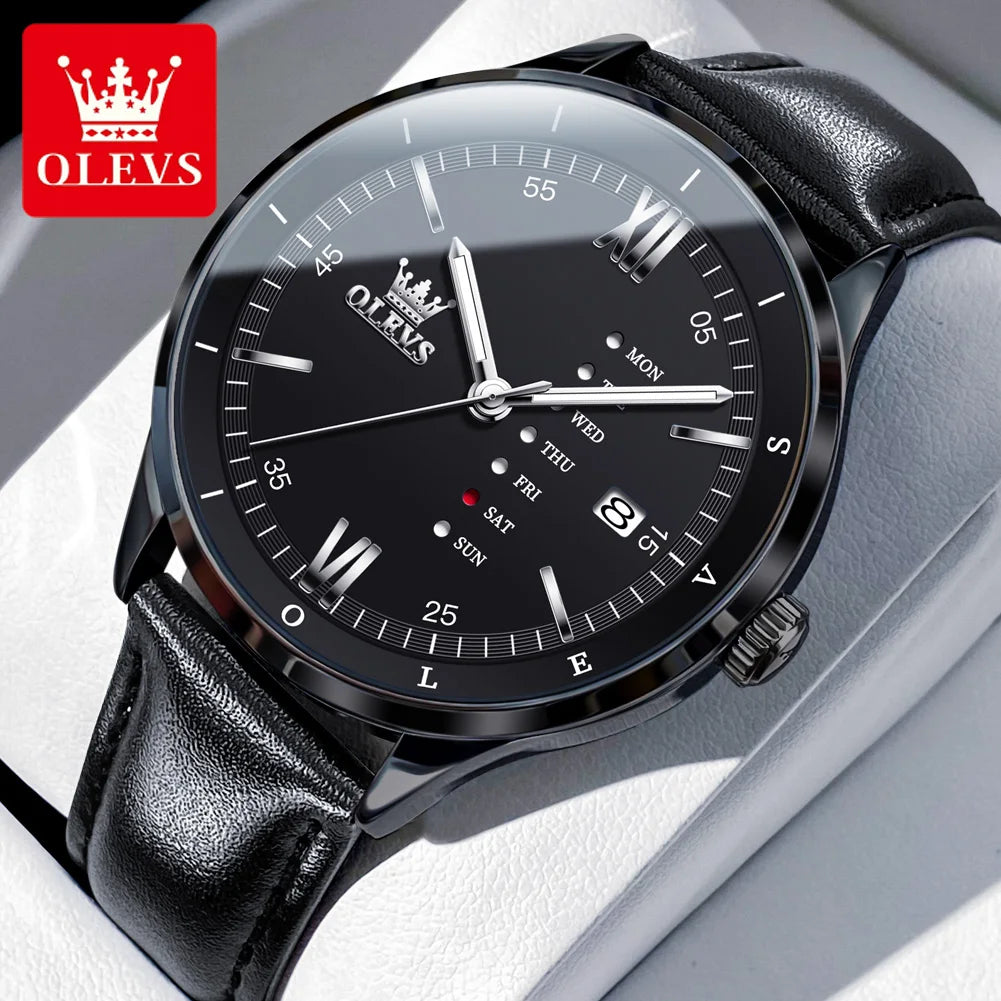 OLEVS Herrenuhren Schlichte Quarz-Kleid-Wochen-Datumsanzeige Für Herren Wasserdicht Leuchtendes Leder Business-Herrenuhr 2931