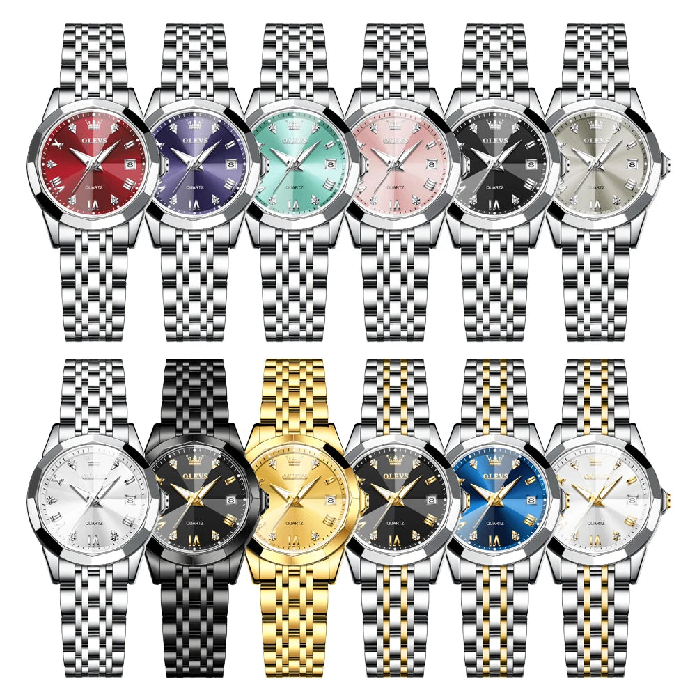 OLEVS 9931 Original Quarzuhren für Damen, Rauten-Spiegel, wasserdicht, leuchtend, Edelstahl-Armbanduhren, Kalender, Neu