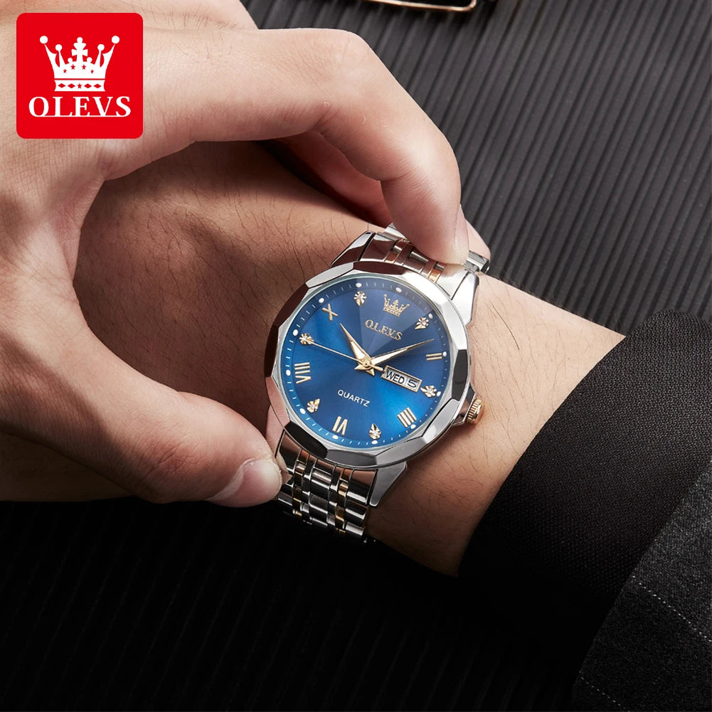 OLEVS 9931 Quarzuhr für Herren, Rauten-Spiegel, wasserdicht, leuchtend, Edelstahl-Armbanduhren, Doppelkalender, Herren-Armbanduhr