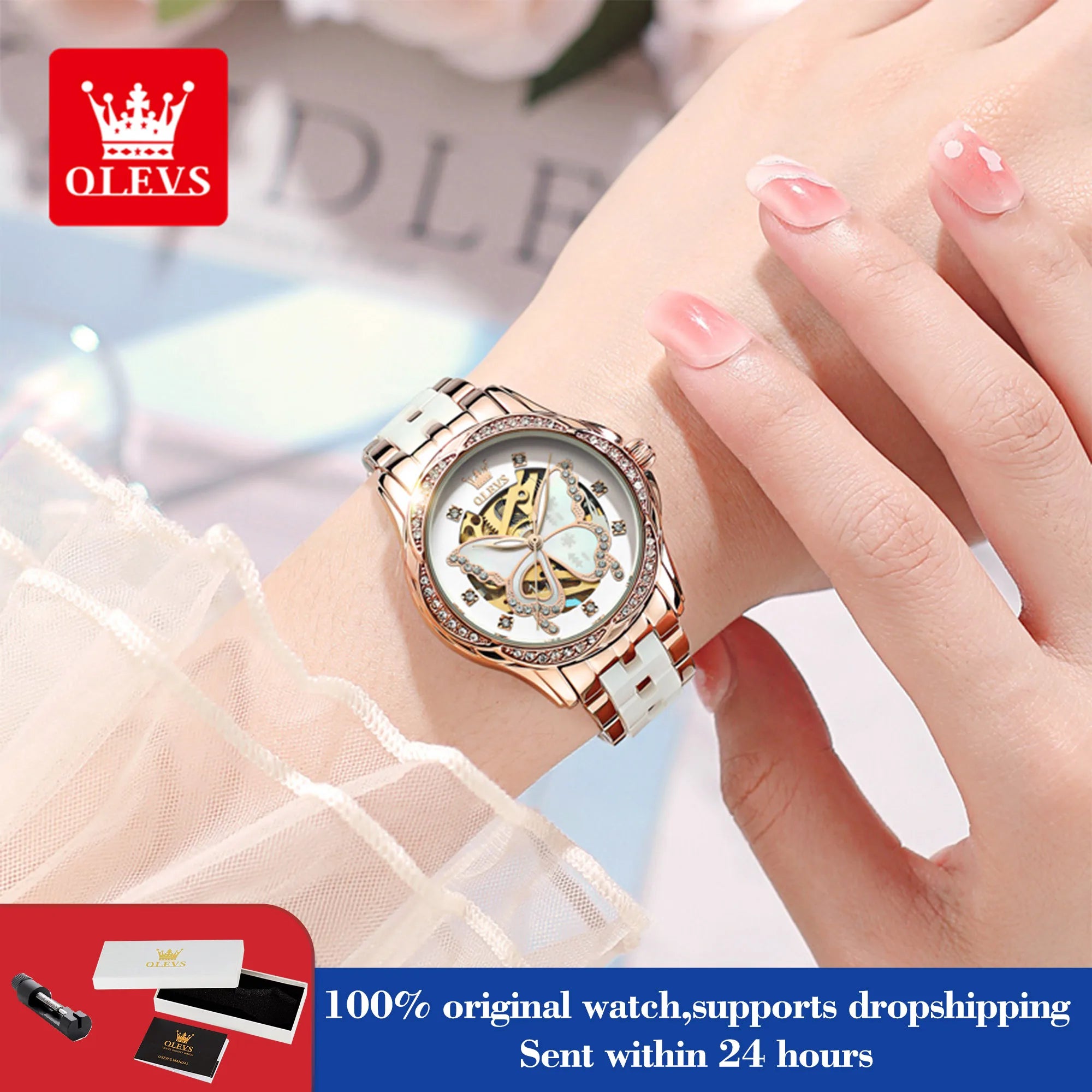 OLEVS 6622 Watch For Women Butterfly Dial Luxury Mechanical Woman Watch Waterproof Luminous Diamond Ladies Automatic Hand Clock