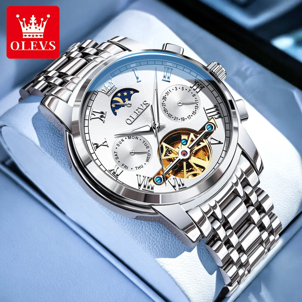 OLEVS Herrenuhren Mondphase Luxus-Edelstahl-Schwungrad Mechanische Handuhr Datum Wasserdicht Leuchtende Herrenuhr 6617