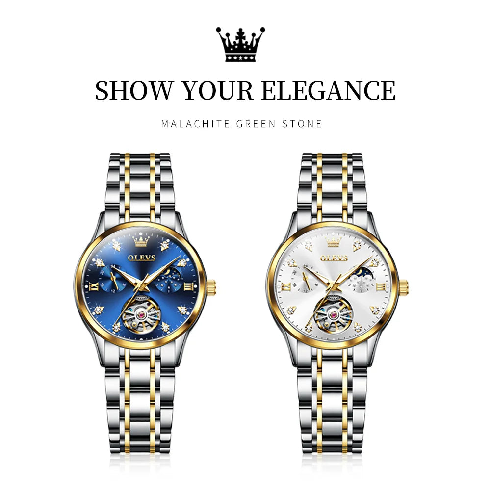 OLEVS Automatic Mechanical Watches For Women Waterproof Luminous Moon Phase Hand Clock Original Luxury Women's Watches 6608