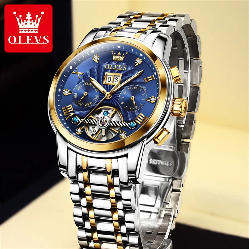 OLEVS 9910 Automatikuhr für Herren, mechanische Herrenarmbanduhr, luxuriöse Skelettuhr aus Edelstahl, wasserdicht, Original Herrenuhr