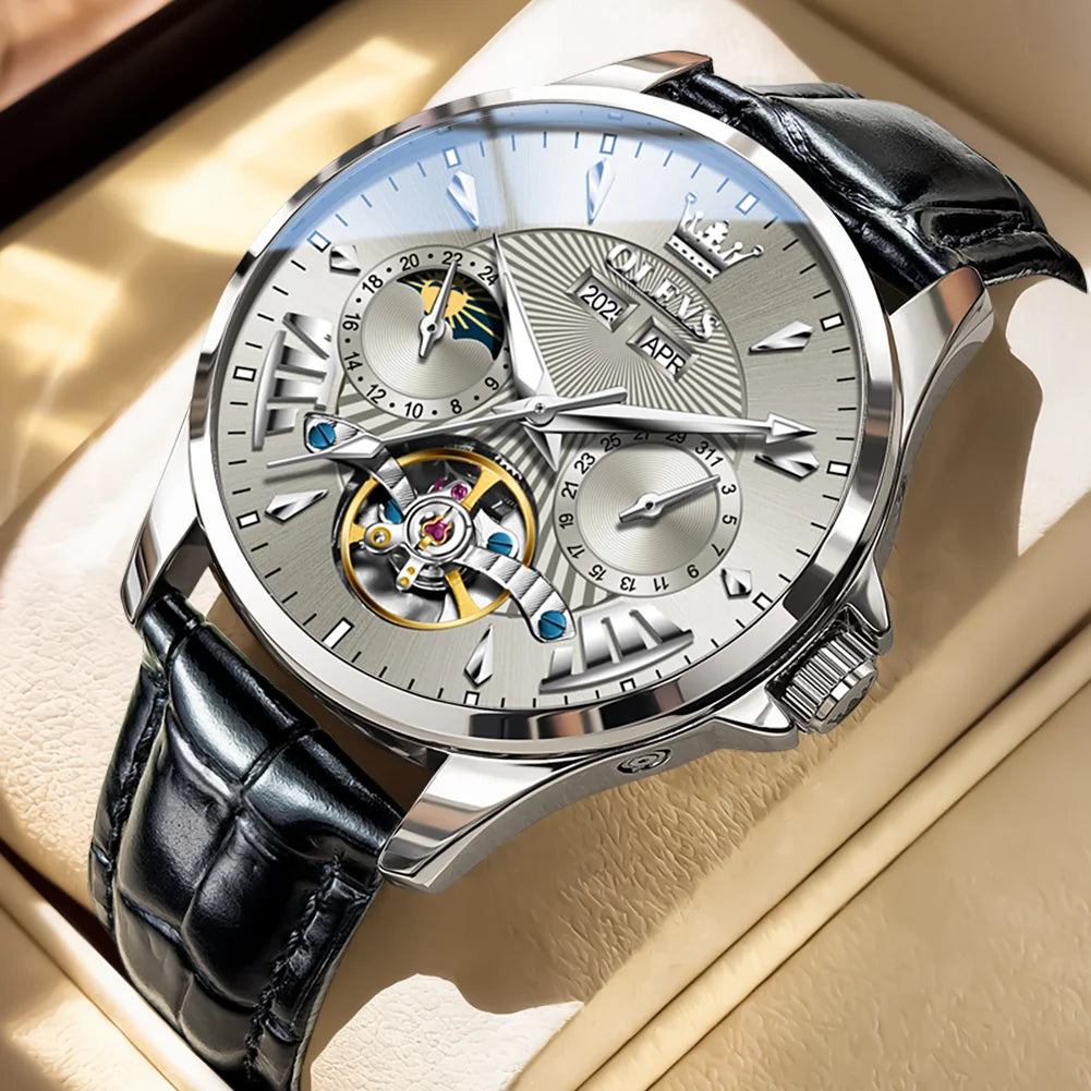 OLEVS 7103 Herrenuhr Schwungrad Automatische Mechanische Armbanduhr Wasserdicht Ewiger Kalender Mondphase Uhren für Herren Klassisch