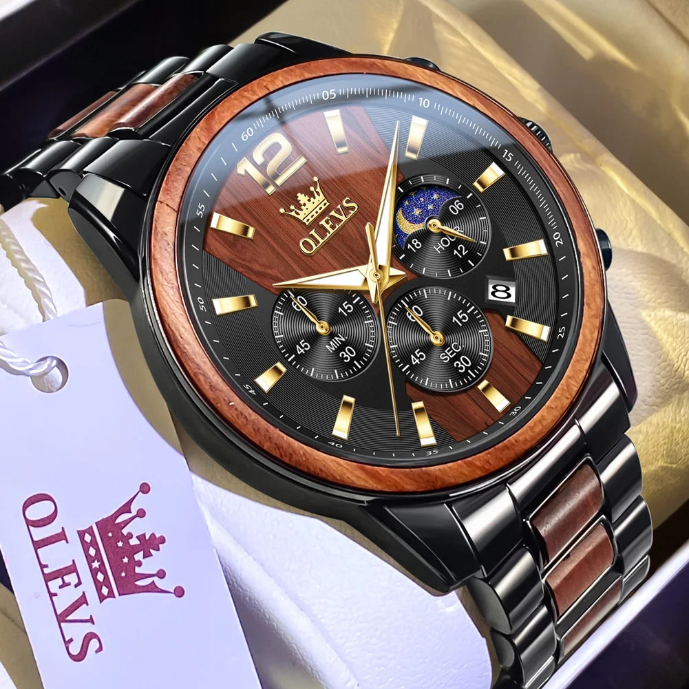 OLEVS 3645 Quartz Watch For Men Fashion Chronograph Steel Wood 44mm Big Dial Hand Clock Moon Phase Waterproof Luminous Man Watch