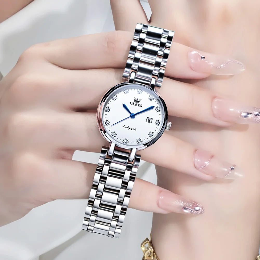 OLEVS 5575 Schlichte Mode-Quarzuhr für Damen mit Kalenderanzeige, Edelstahl, wasserdicht, luxuriöse Damenuhr