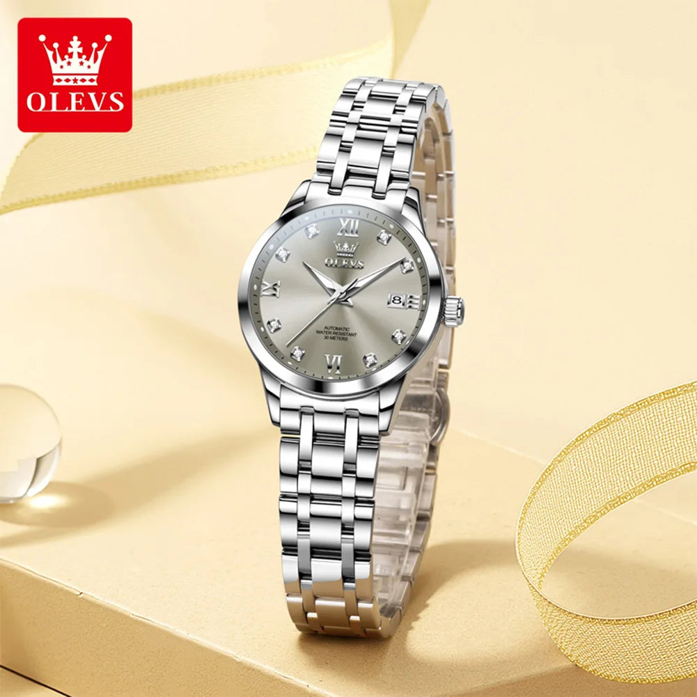 OLEVS Uhren Damen Automatikuhr Mechanische Uhr Mode Original Diamant Skala Damenuhr Kalender Luxus Kleid Handuhr 9946