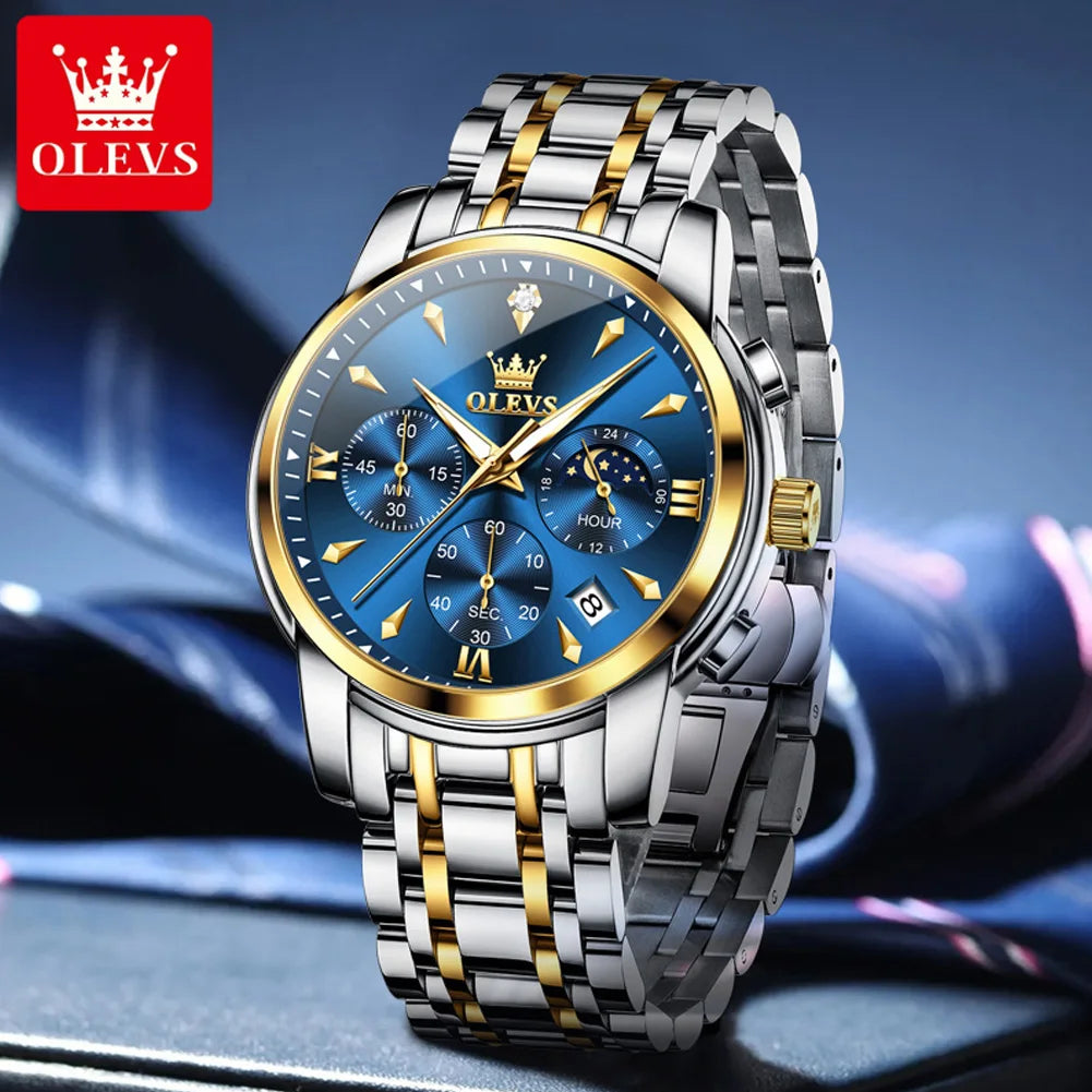 OLEVS 3639 Luxury Men's Watch Top Brand Moon Phase Chronograph Quartz Watches For Man Auto Date Fashion Waterproof Man Clock