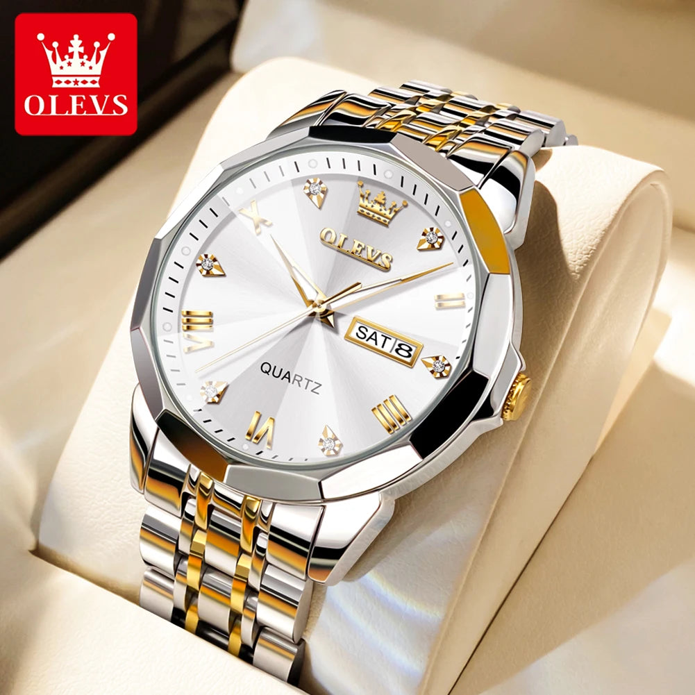 OLEVS 9931 Quarzuhr für Herren, Rauten-Spiegel, wasserdicht, leuchtend, Edelstahl-Armbanduhren, Doppelkalender, Herren-Armbanduhr